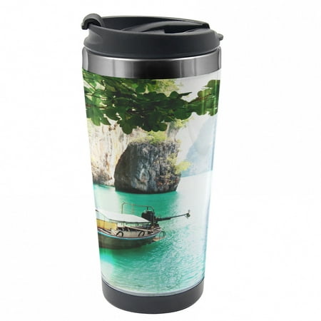 

Tropical Travel Mug World Seascape Shore Steel Thermal Cup 16 oz by Ambesonne