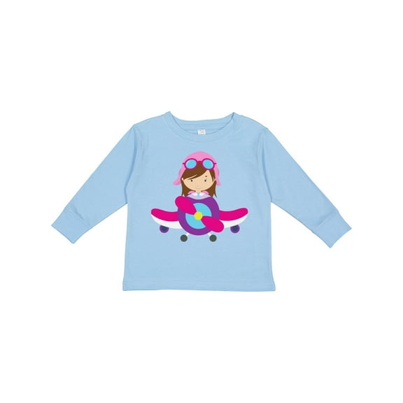 Inktastic Pilot Girl, Airplane, Plane, Flying, Brown Hair Girls Long Sleeve Toddler T-Shirt