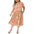 thumbnail image 2 of Agnes Orinda Women's Plus Size Dress Floral Print Crew Neck Tulip Short Sleeve Flowy Summer Midi A Line Dresses with Pocket 4X White Red, 2 of 6