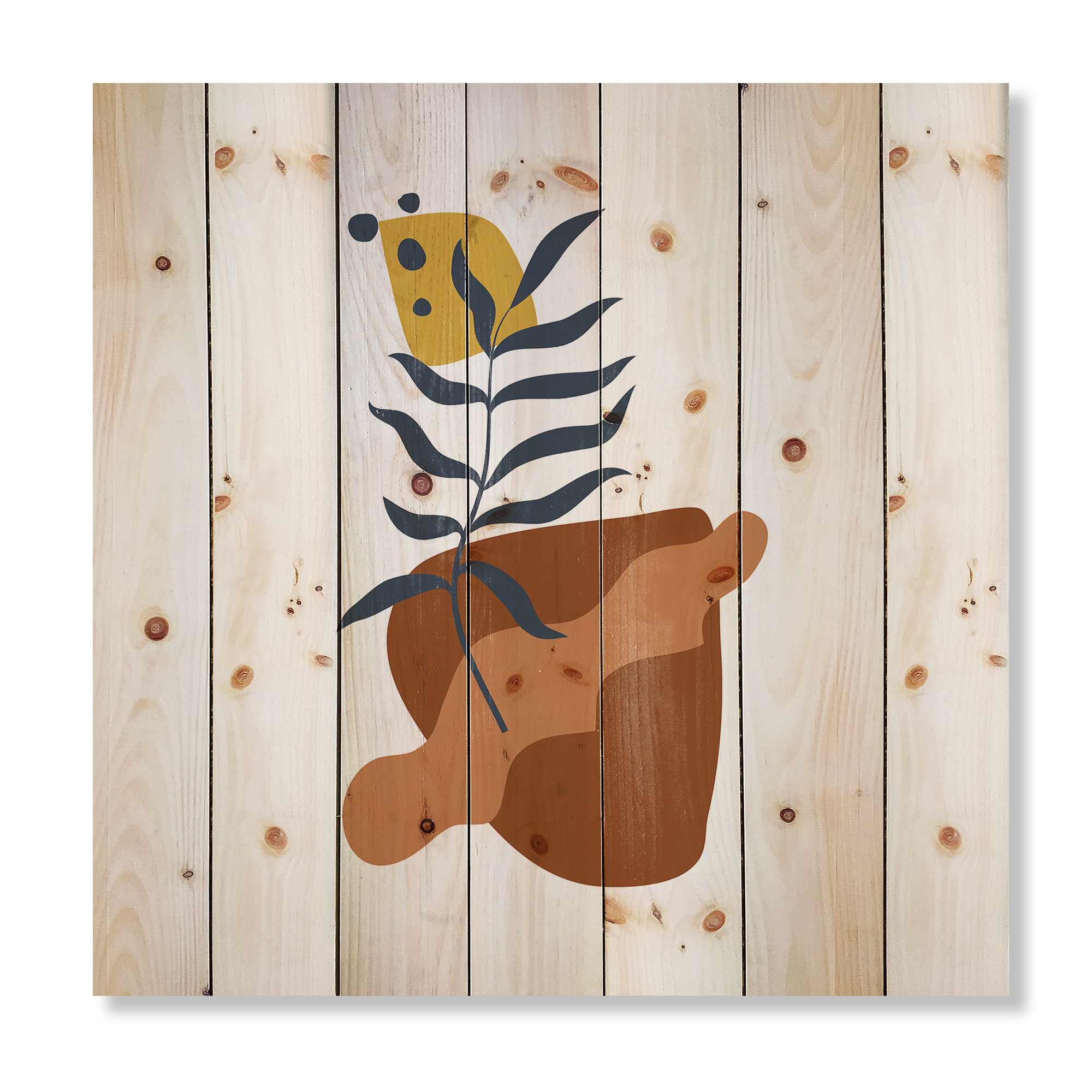 Designart 'Abstract Flowers Plants With Elementary Shapes VI' Modern Print on Natural Pine Wood