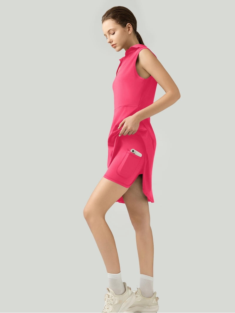 athletic dress with separate shorts Golf Tennis Dresses, Women Athletic Dress with Separate Shorts, V Neck Sleeveless Workout Dresses Solid Color L