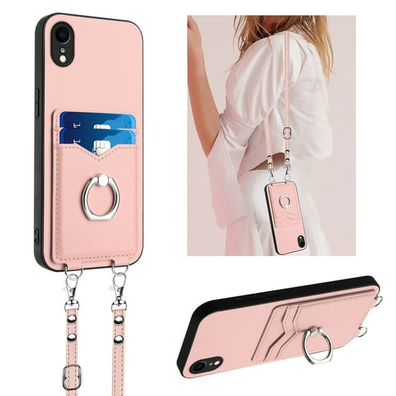 for iPhone XR PU Leather Phone Case Cover, Classic Shoulder Strap Card Slots Shockproof Protective Ring Bracket Anti-scratch Ultra Slim Back Case for iPhone XR - Rosegold