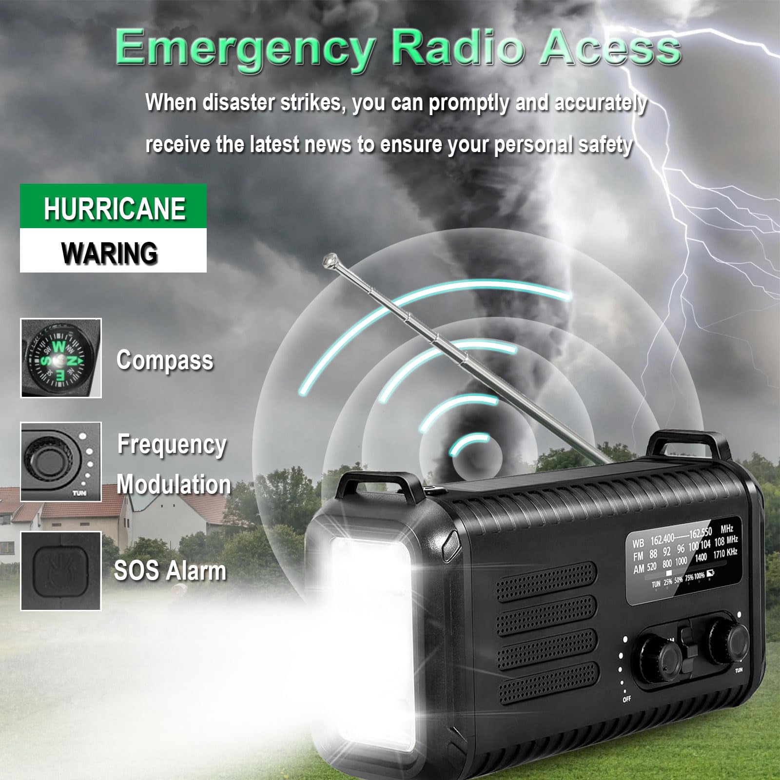 20000mah/ 74000mwh Hand Crank Emergency Radio  Am/fm/noaa Weather Solar With Usb Phone Reading Lamp Flashlight & Sos For (black)