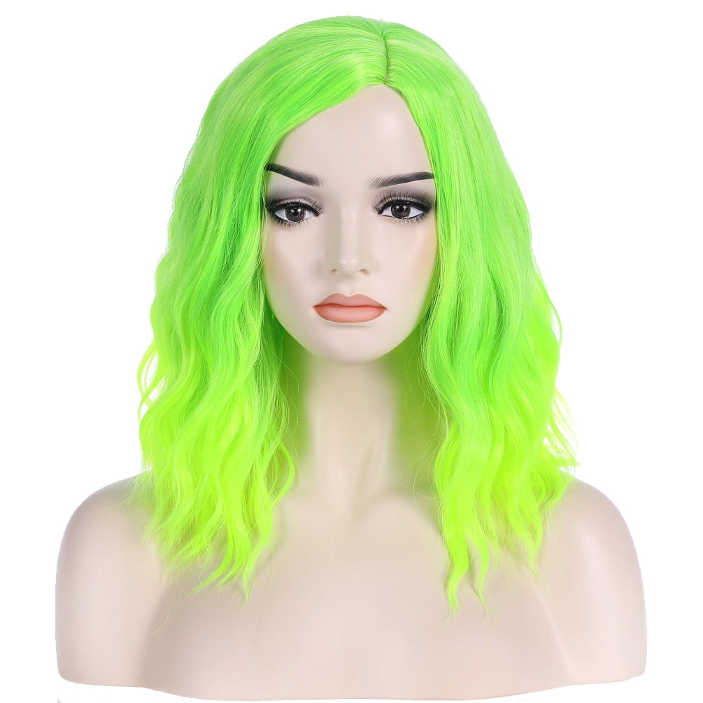 RightOn 14" Green Wig Short Curly Bob Wig Bright Green Wigs Ombre Green Wig Women Girls Beach Wave Wigs with Wefted Wig Cap