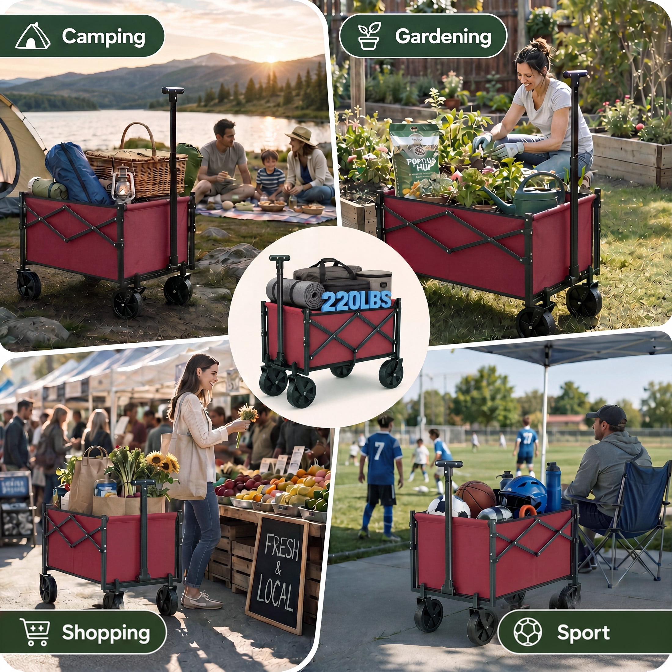 SHOUFTW Folding Wagon Cart, 220 lb Capacity Collapsible Utility Wagon with All-Terrain Wheels & Adjustable Handle, Red