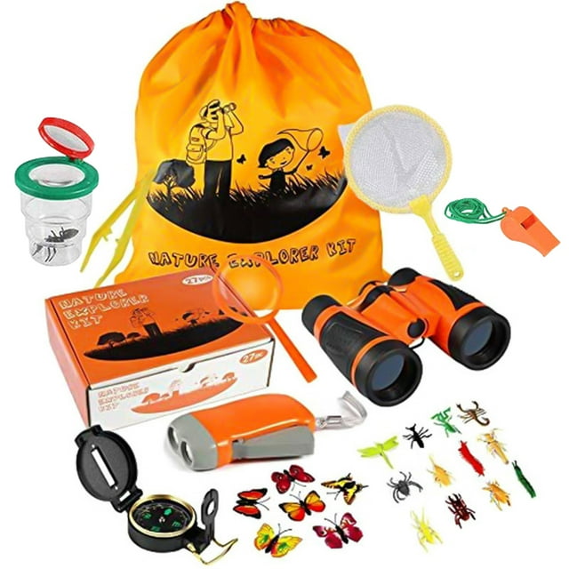 27-in-1 Kids Adventure Kit Outdoor Explorer Kit Educational Toy with Magnifying Glass Binocular Butterfly Net Flashlight Insect Box Compass Tweezer Whistle Backpack Insects for Camping