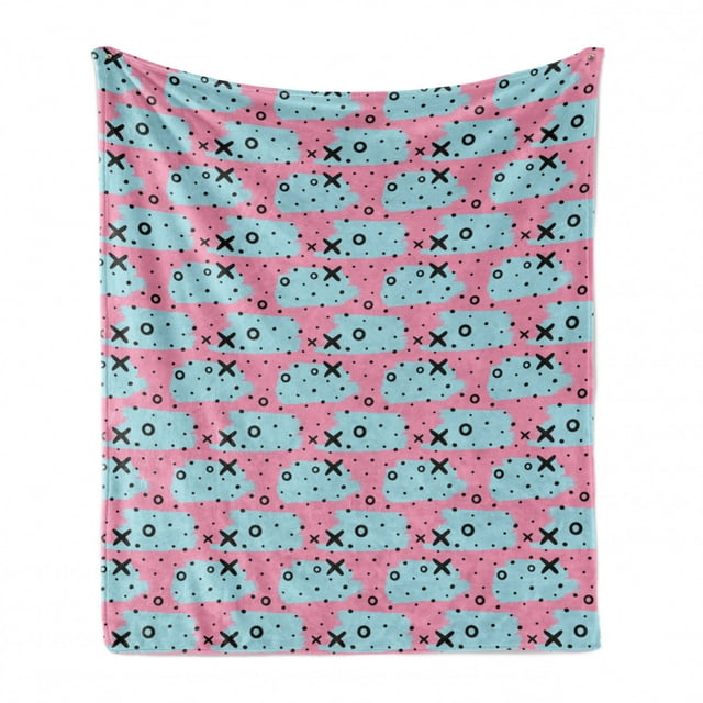 Pink Polka Dots Soft Flannel Fleece Throw Blanket, Repeating X and O Motifs with Irregular Spots, Cozy Plush for Indoor and Outdoor Use, 60" x 80", Pink Sky Blue, by Ambesonne