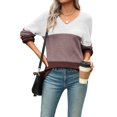 thumbnail image 2 of Women Fall Sweaters Casual Long Sleeve Ribbed Knit V Neck Light-Weight Crochet Pullover Sweater Brown Grey L, 2 of 7