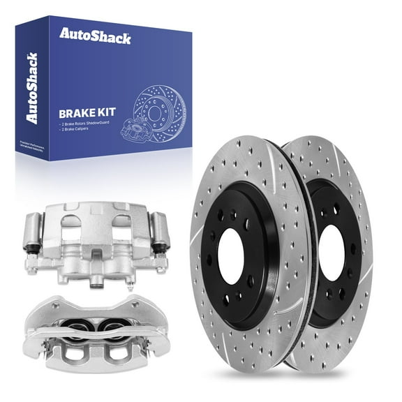 AutoShack Front Drilled & Slotted Brake Rotors Calipers | Replacement for Chevrolet Impala Limited Monte Carlo 2006-2013 Impala 2006-2011 Buick Lucerne | E-Coated | 4-PC Brake Kit | ShadowGuard
