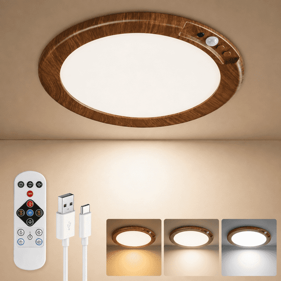 Rechargeable LED Ceiling Light, Motion Sensor, Remote Control, 3 Color Temperature, Battery Operated for Closet, Bathroom and Stairs