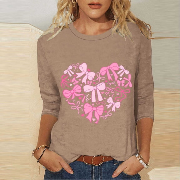 Yteetum Valentines Gift 3/4 Length Sleeve Womens Tops Oversized Crewneck Valentine Day Loves Heart Graphic Print Short Sleeve T Shirt Womens Casual Plus Size Round Neck Three Quarter Sleeve Tee Shirt
