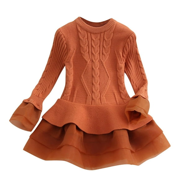 IVEYRTF Girls Solid Color Knitted Long Sleeve Sweater Dress Round Neck Mesh Casual Party Dress for Toddler Kids Everyday Wear Holiday Outfit(Brown,4 Years)