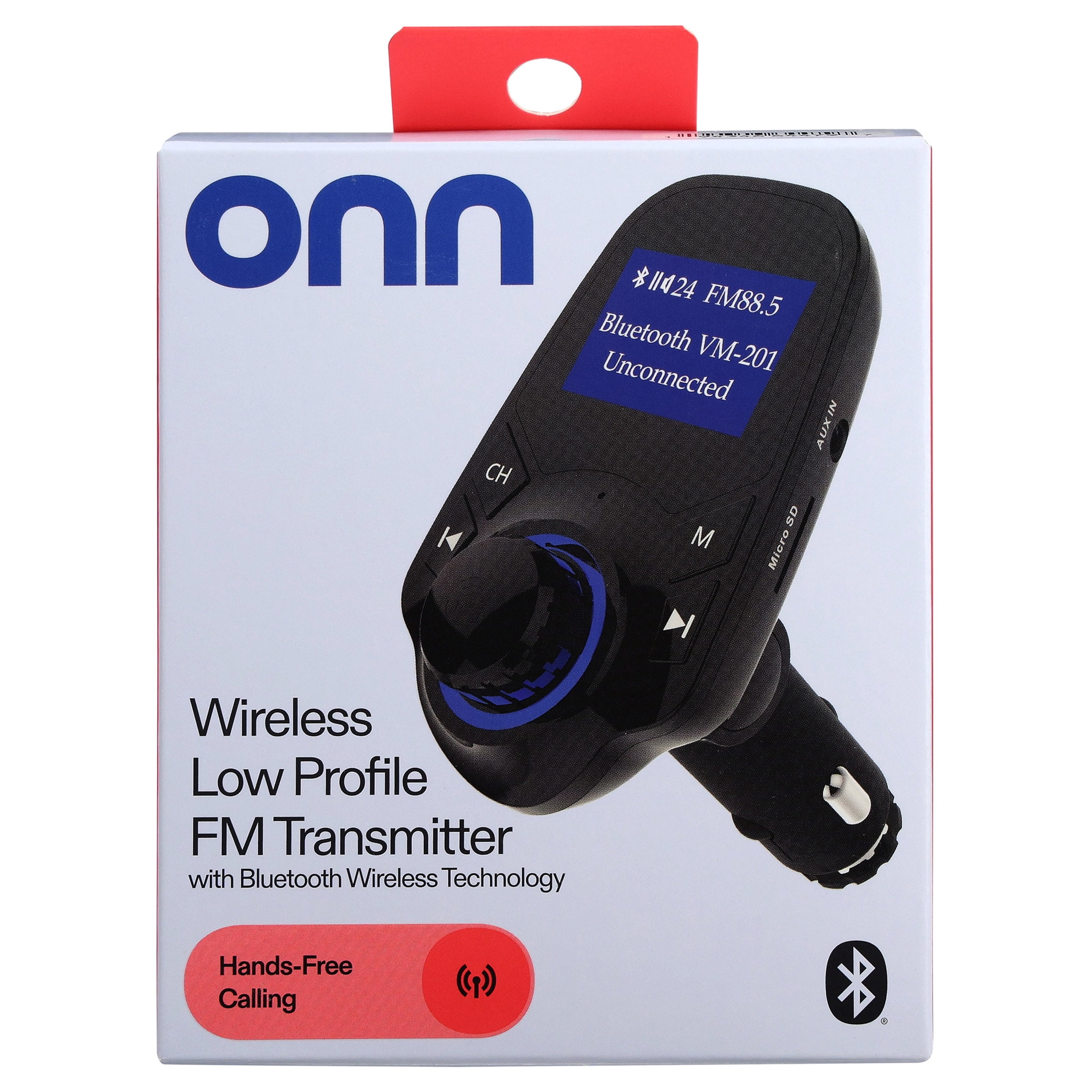 Onn Low Profile Bluetooth FM Transmitter, Hands-free Calls, Compatible with Smartphones, 8x5x10CM,66g