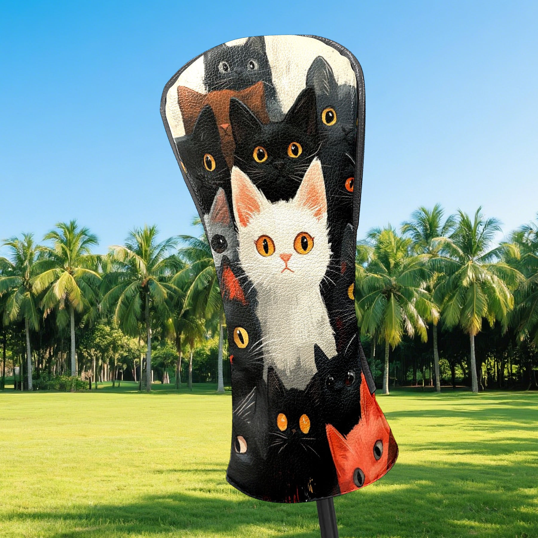 Golf Club Covers PU Leather Waterproof Head Covers for Fairway Woods Hybrids Black And White Cat Pattern Unisex Fits Most Brands
