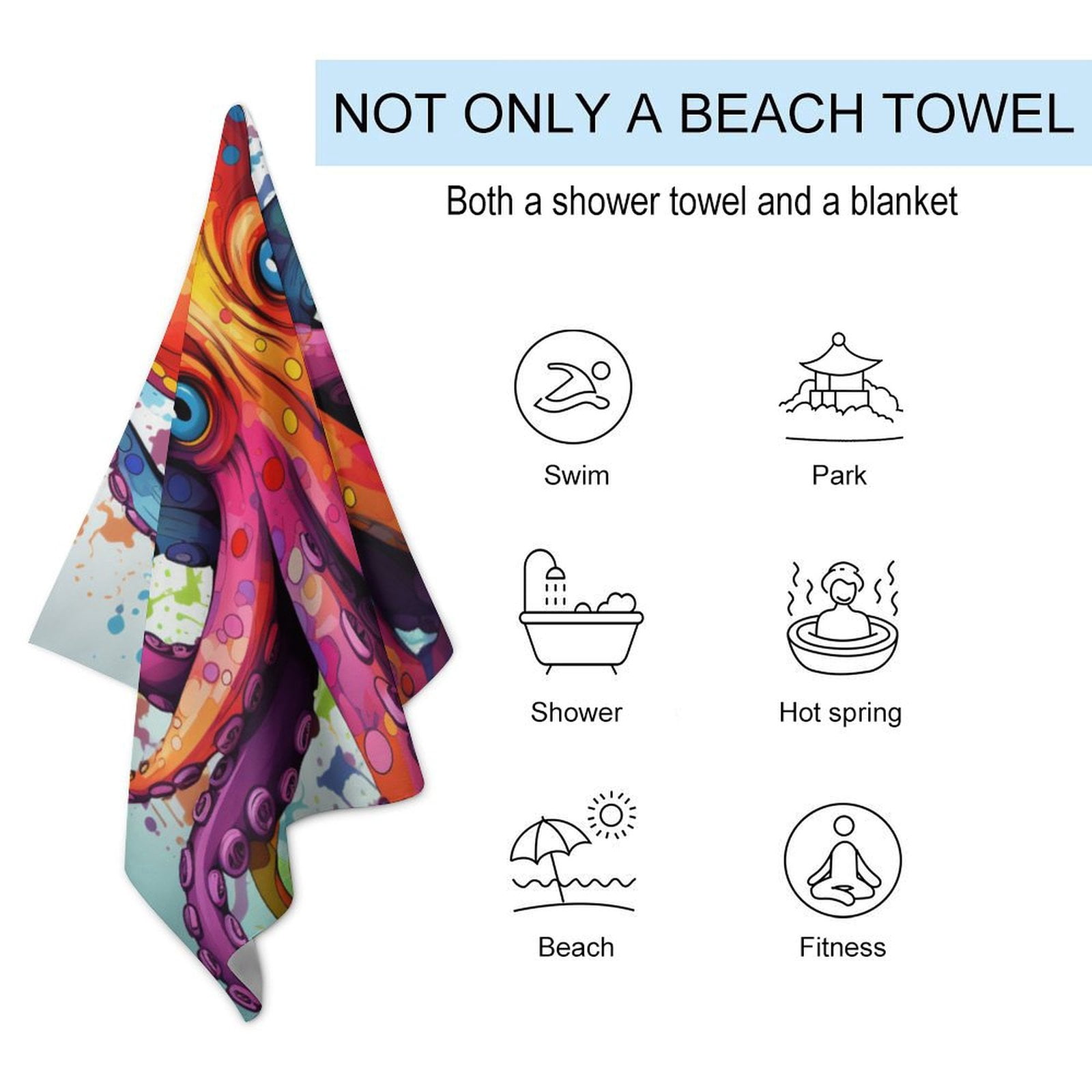 Colorful Octopus Microfiber Lightweight Beach Towel Quick Dry Absorbent Thin Towels for Swimming Pool Camping Beach Easy for Vacation Essentials