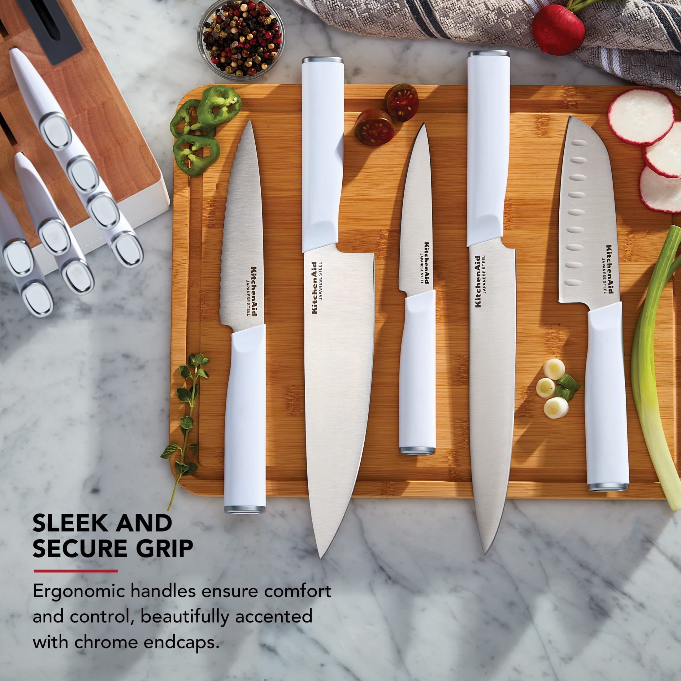 KitchenAid 14-Piece Slim Knife Block Set with Sharpener, High-Carbon Stainless Steel, White