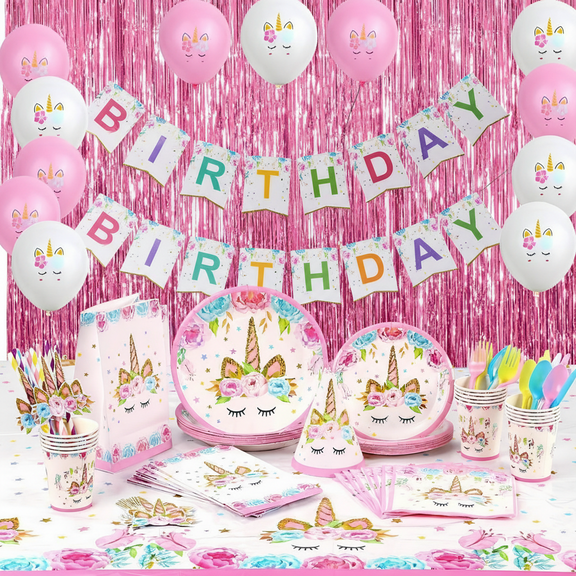 Upgraded Unicorn Birthday Decorations set 120pc Banner, Unicorn  Balloons, Table Cover, Pink Party Streamers for 16 guests
