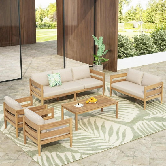 Christopher Knight Home 5-Piece Outdoor Patio Conversation Set for 7, Acacia Wood Frame with Cushions, Light Teak Beige