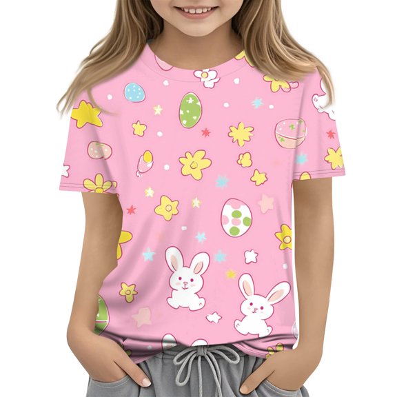 YOUYEDIAN Girls Easter T Shirt Cute Bunny Eggs Graphic Short Sleeve Shirts Fashion Funny Crewneck Tops (Pink, 6-7 Years)