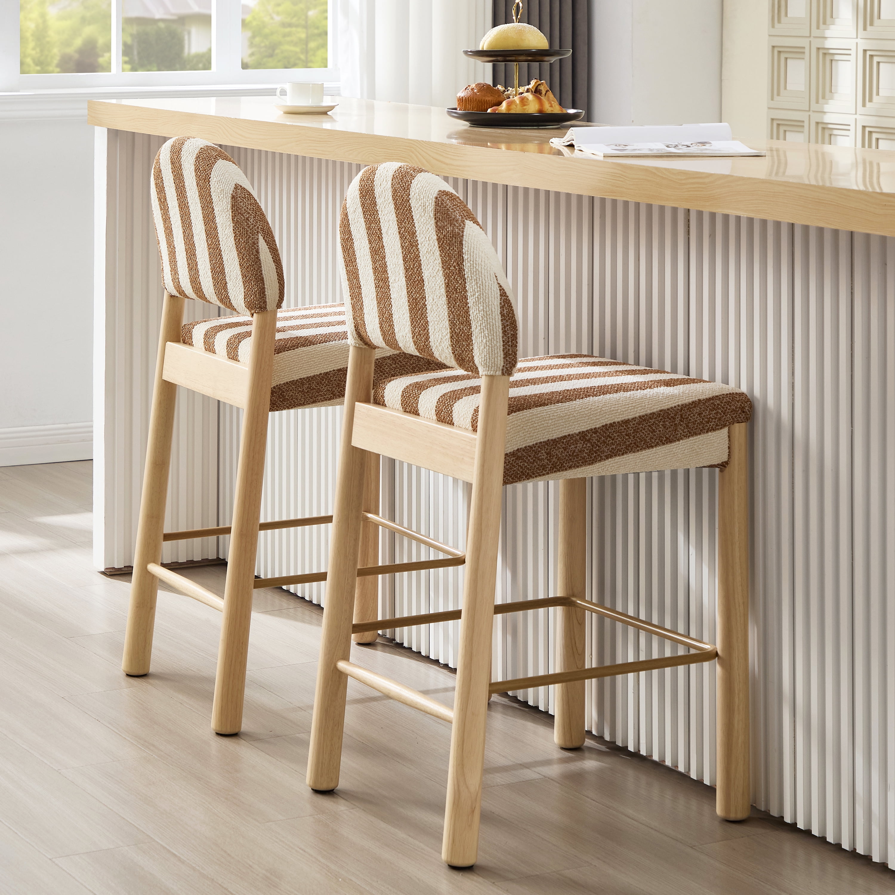 ONEVOG 26.4'' Counter Height Wooden Bar Stools Set of 2, Upholstered Linen Fabric Bar Stools with Arched Back & Solid Wood Legs, BOHO Linen Counter Chairs for Kitchen Island, White & Brown Stripes