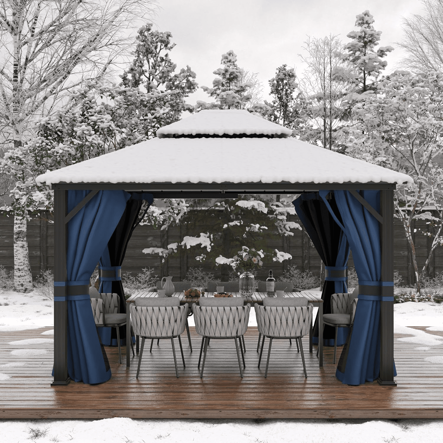 ELPOSUN Outdoor Living 12’ X 14’ Hardtop Gazebo Canopy with Netting & Curtains, Outdoor Aluminum Gazebo with Galvanized Steel Double Roof for Patio Lawn and Garden, Blue
