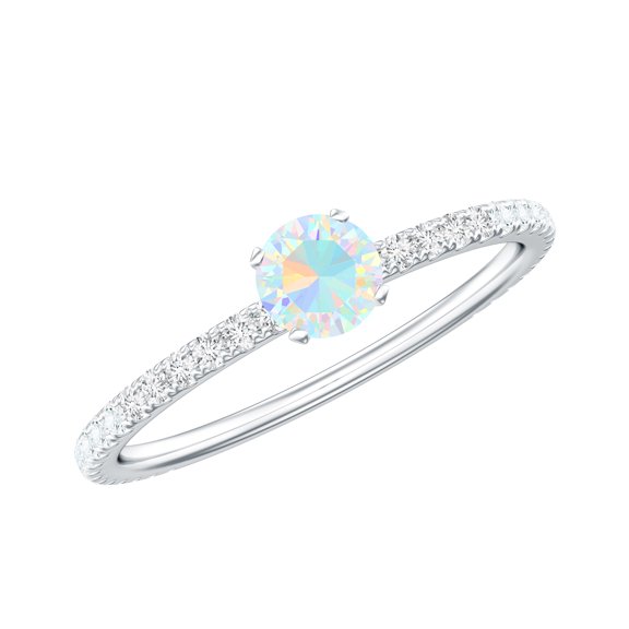 Rosec Jewels Minimal Ethiopian Opal Solitaire Promise Ring with Diamond for Women - AAA Grade, 925 Sterling Silver, US 4.00