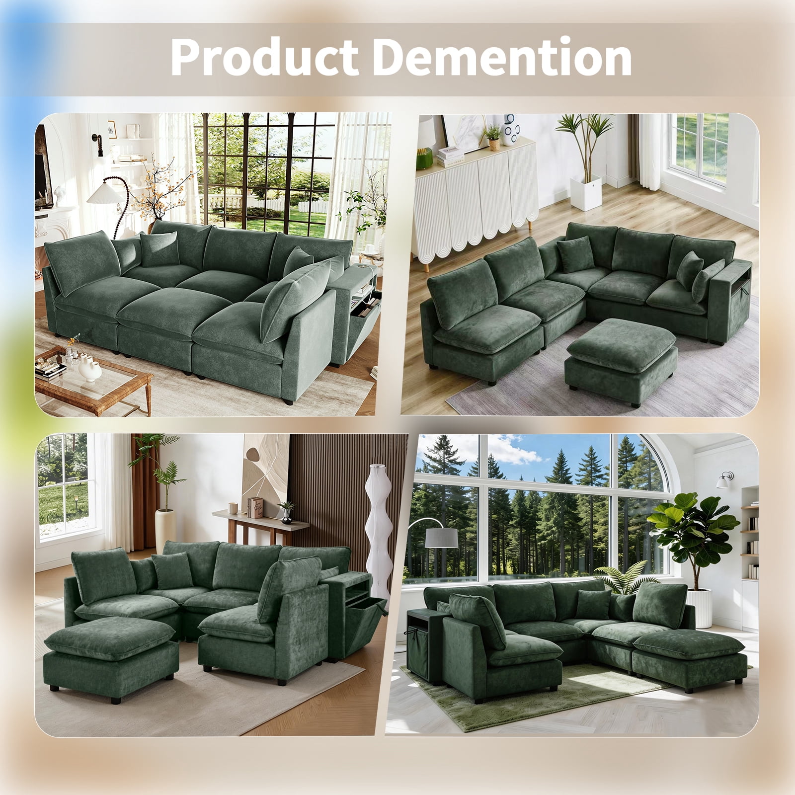 EPOWP 93.7'' Modular Sectional Sofa, U Shaped Cloud Couch with Movable Ottoman, Chenille 6 Seater Sofa Storage Armrests and USB Ports for Living Room (Green)