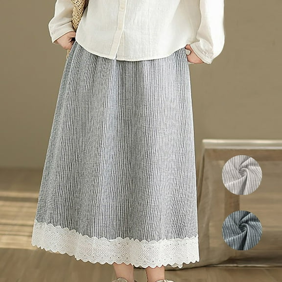 Maoxin Women Skirt Women's Elastic Waist Lace Striped Versatile Mid Length Skirt With Spliced Cotton And Linen Skirt ,Black,2XL