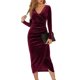 thumbnail image 5 of Vestido de terciopelo de manga larga con cuello en V y envoltura navideña para mujer Mini vestidos de fiesta de cóctel fruncidos elegantes (Borgoña), 5 of 6