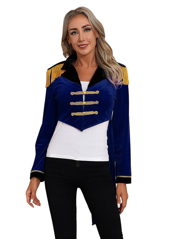 Ringmaster Halloween for Women Long Sleeves Velvet Coat Jacket Circus Lion Tamer Fancy Dress Navy Blue XXL
