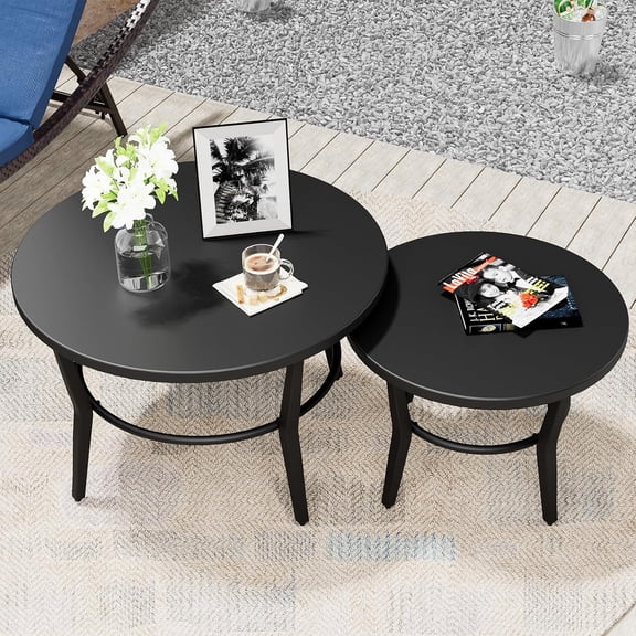 Patio Round Coffee Table Set of 2, Outdoor Large Side Table-Weather Resistant Metal Steel for Patio, Backyard, Pool,Lawn(Black)