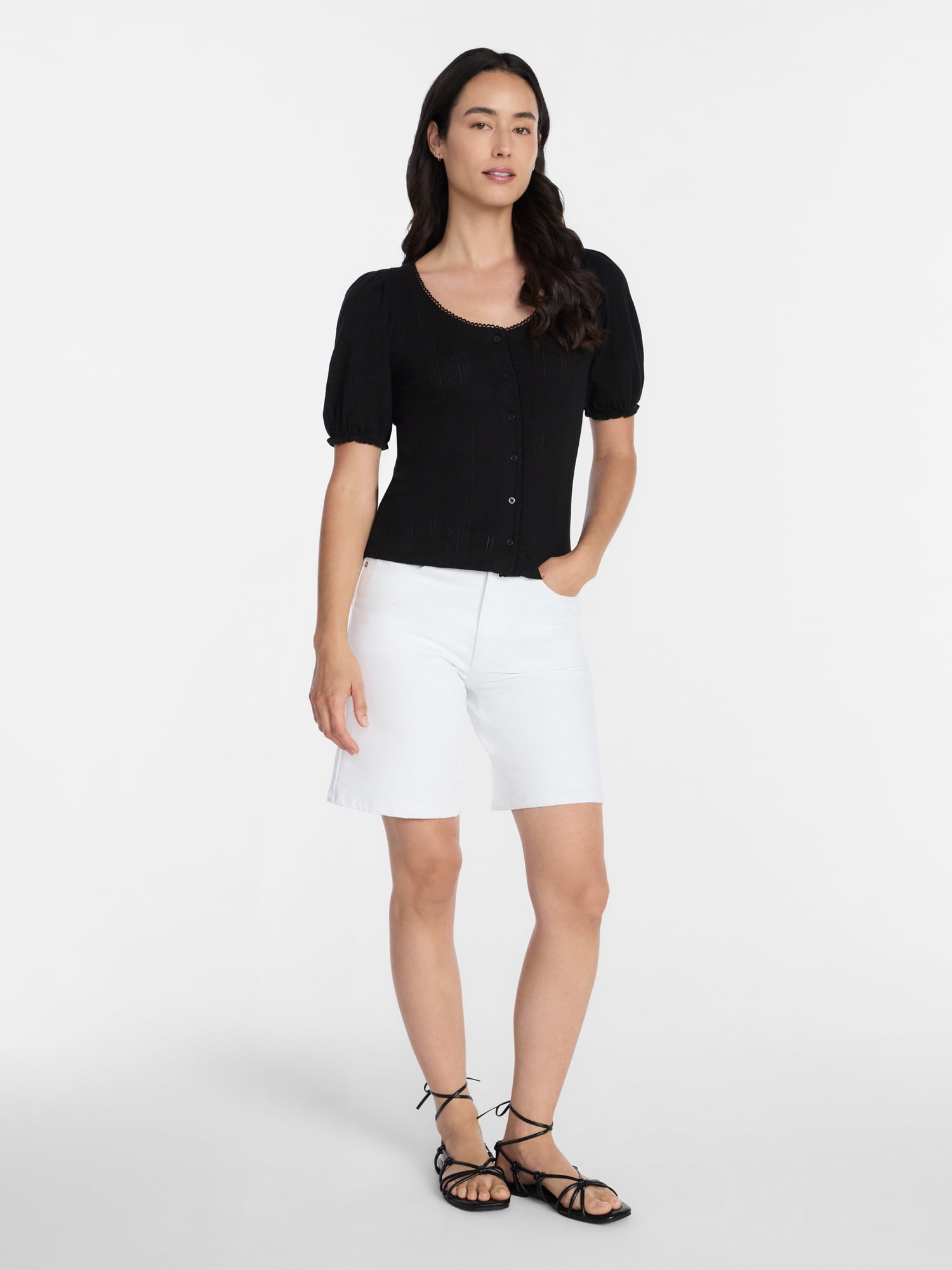 Time and Tru Women's Pointelle Top with Short Sleeves, Sizes XS-XXXL