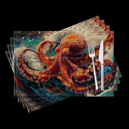 

BaHomeck placemats Set of 4 Vibrant Octopus Gracefully Gliding Through The Waves Cotton Linen rectangle Placemats for Kitchen Dining Table Indoor Outdoor 18*12inch