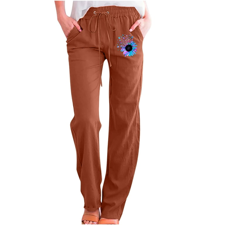 Hvyesh Womens Cotton Linen Pants Casual Print Lounge Full Pants Loose Fit  Drawstring Elastic Waist Joggers Pants 