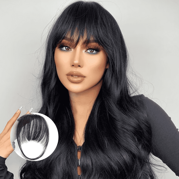 Extensiones de cabello de fibra química natural sin costuras con patillas tejidas a mano y flequillo largo | Peluca ligera y suave sin dejar rastro para un peinado con volumen instantáneo y looks de