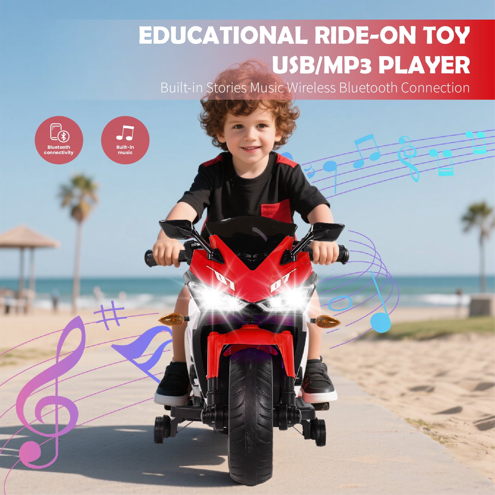 12V Kids Electric Motorcycle Ride-On Toy with LED Light-Up Wheels & Training Wheels, Manual Throttle, Built-in Music, Bluetooth, and USB Port - Gift for Boys Girls Ages 3-6 (Red)