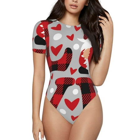 Daiia Buffalo Plaid Love And Gnome print Women s Crew Neck Short Sleeve Bodysuit Fashion Tops Fit Casual Basic Extender Bodysuit-Large