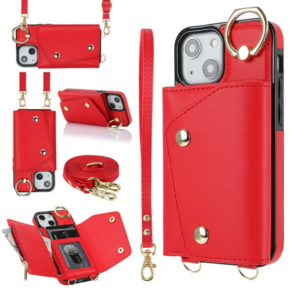 ShellTech for iPhone 13 Mini Case with Card Holder and Strap - Zipper Pocket,Lanyard Strap,Credit Card Holder,Stand Ring,Cute Phone Wallet Case for Women,Red