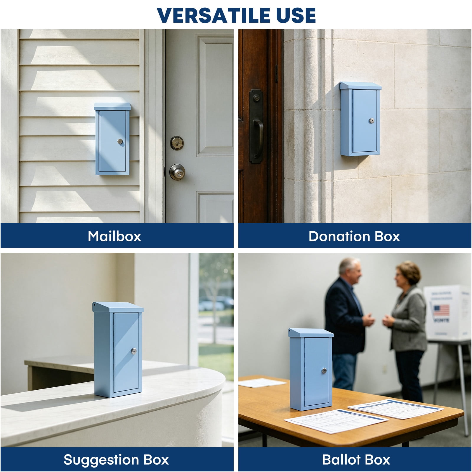 Pochar Money Cash Key Drop Box Wall Mount with Key, Metal Donation and Suggestion Box with Slot and Lock for Home, Office, 10.24" x 5.7" x 2.95" (Blue)