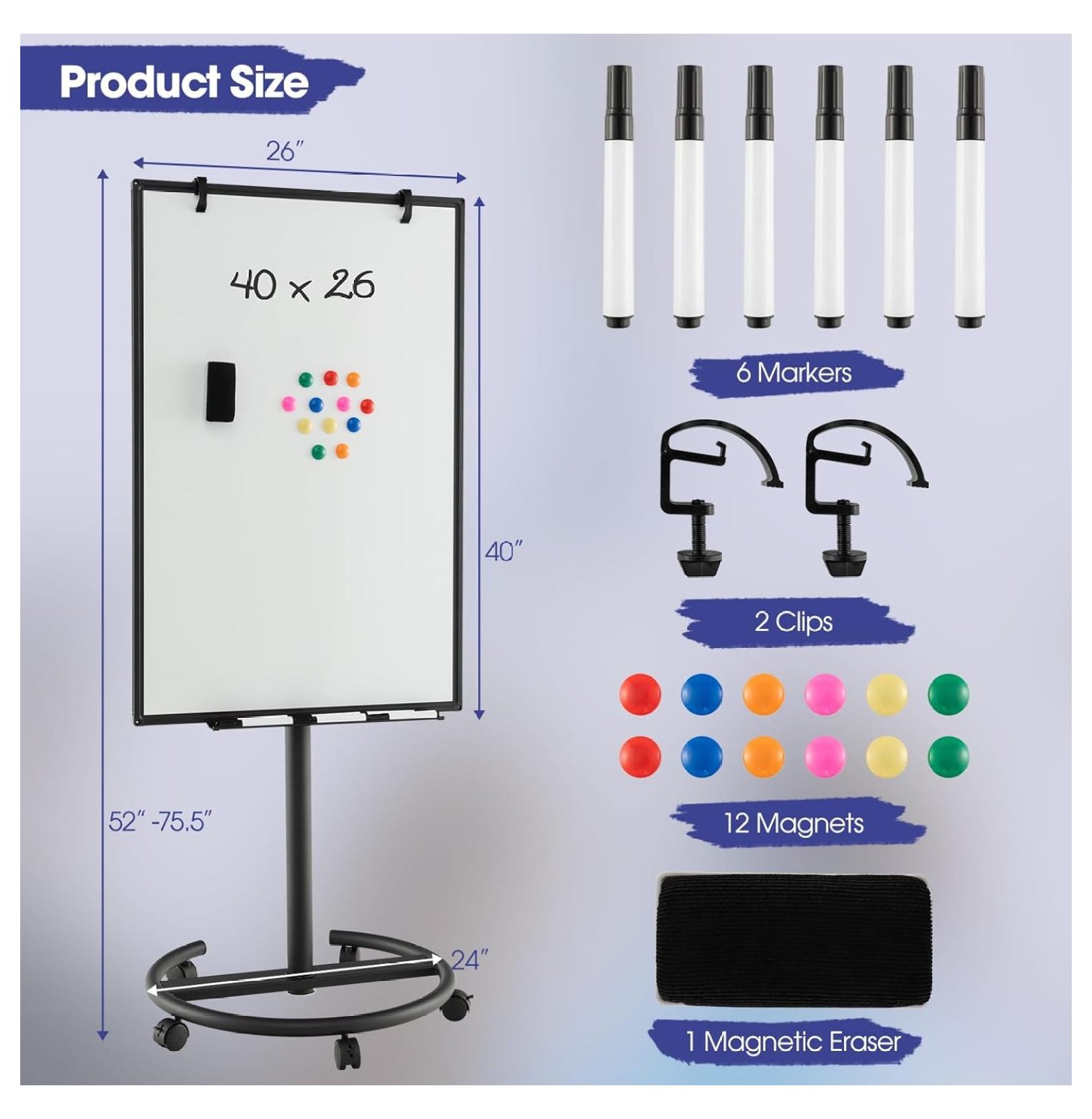 Mobile White Board Dry Erase, 40x26” Rolling Magnetic Whiteboard W/Adjustable Stand, Dry Whiteboard Eraser, 2 Flipchart , 25 Sheets Paper Pad, 6 Markers, Standing Portable White Board