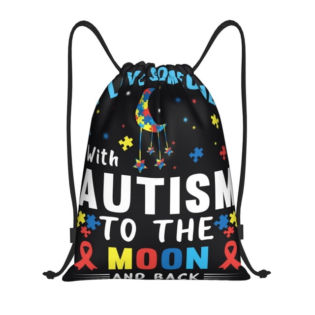 Xecao I Love With Autism To The Moon And Back Pattern Sports Drawstring Backpack - String Swim Gym Bag with Wet Proof Pocket for Women&Men-Medium