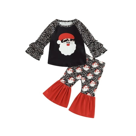 

Bagilaanoe 2Pcs Toddler Baby Girl Christmas Outfits Christmas Tree/ Santa Claus Print Long Sleeve T Shirt Tops + Flared Trousers 6M 12M 18M 24M 3T 4T Kids Fall Long Pants Set