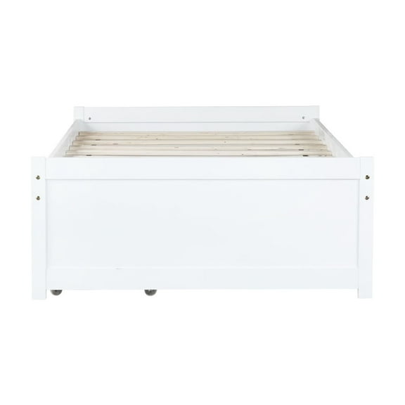Youmumeub Twin Platform Bed with 2 Storage Drawers, Space-Saving Minimalist Bed Frame with Under-Bed Storage on Wheels, No Headboard, White