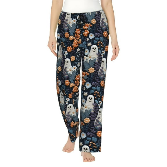 Logiee Cute ghost in the flowers Print Women Pajama Pants,Comfy Pj Bottom with Pockets & Drawstring,Stretch Casual Sleepwear-Small