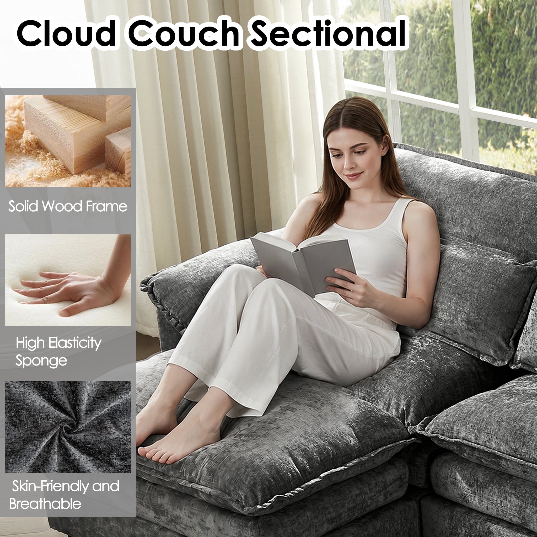AISWORD 157" U Shaped Cloud Couch Sectional, Oversized Modular Sofa with USB Charging, Hidden Storage, Cup Holders & Double Chaise for Living Room, Gray