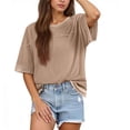 thumbnail image 2 of Htigea Womens Crew Neck Short Sleeve Tops Casual Loose Fit T Shirts Color Block Summer Basic Tee Blouses Khaki L, 2 of 9
