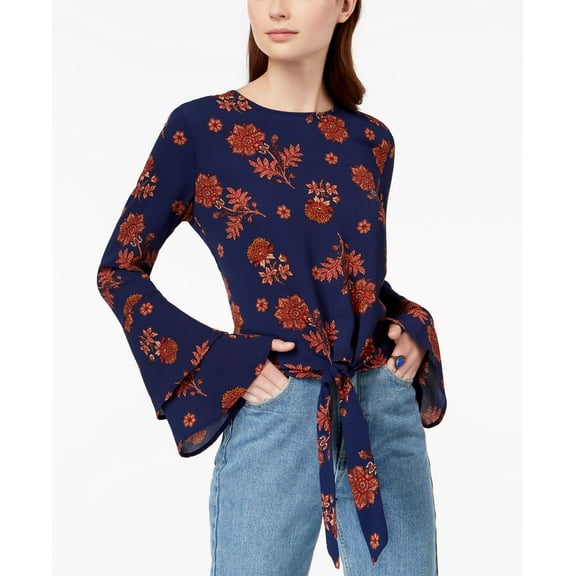 Self Esteem Juniors Bell Sleeve Tie Front Top Navy Floral XS