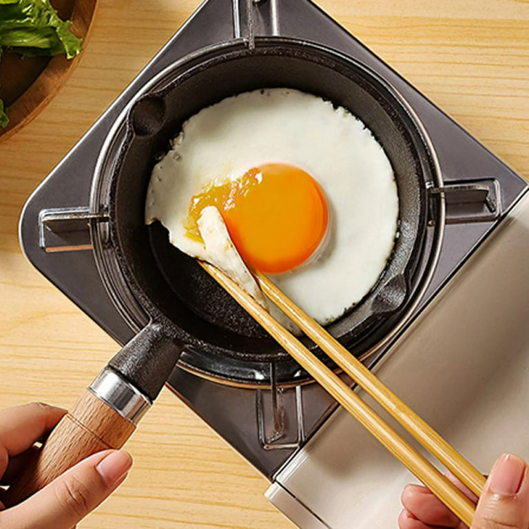 Mini Frying Pan Set with Burner Grate,Small Coating Free Cast Iron Skillet  Pan with Removable Heat Resistant Wooden Handle,Omelet Pans,Portable Egg Frying  Pan for Camping,4.3x2.4inches 