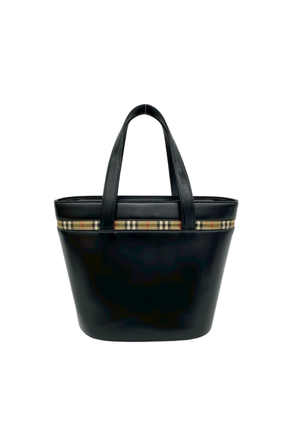 Pre-Owned BURBERRY Nova Check pattern logo embossed calf leather genuine handbag mini tote bag...