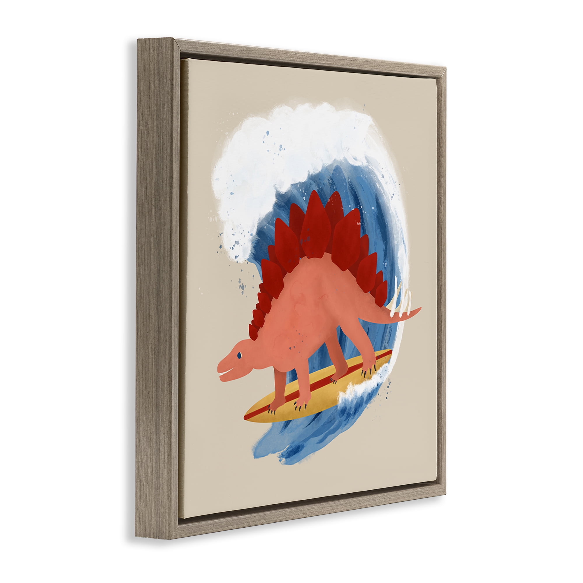 Stupell Industries Surfing Dino Stegosaurus Novelty & Humor Painting Brown Floater Framed Canvas Art Print Wall Art, 18 x 18